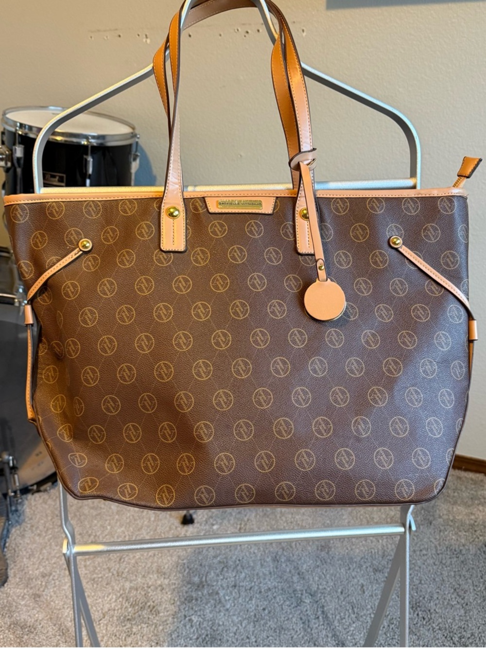 Slightly used Adrienne Vittadini Brown Tote Bag with Tan Trim